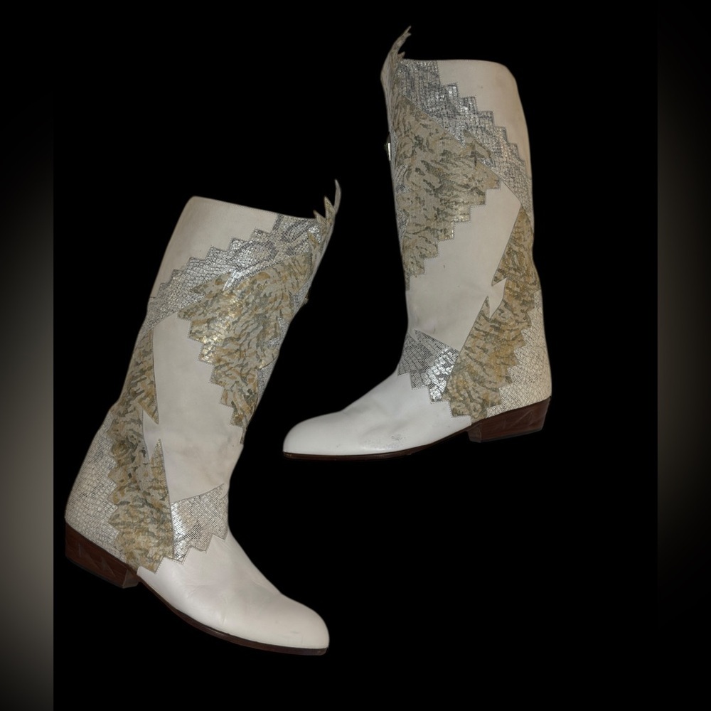 🌟 RARE Vintage Neiman Marcus White Western Tall Leather Boots Metallic sz 37.5 🌟 - Picture 3 of 13